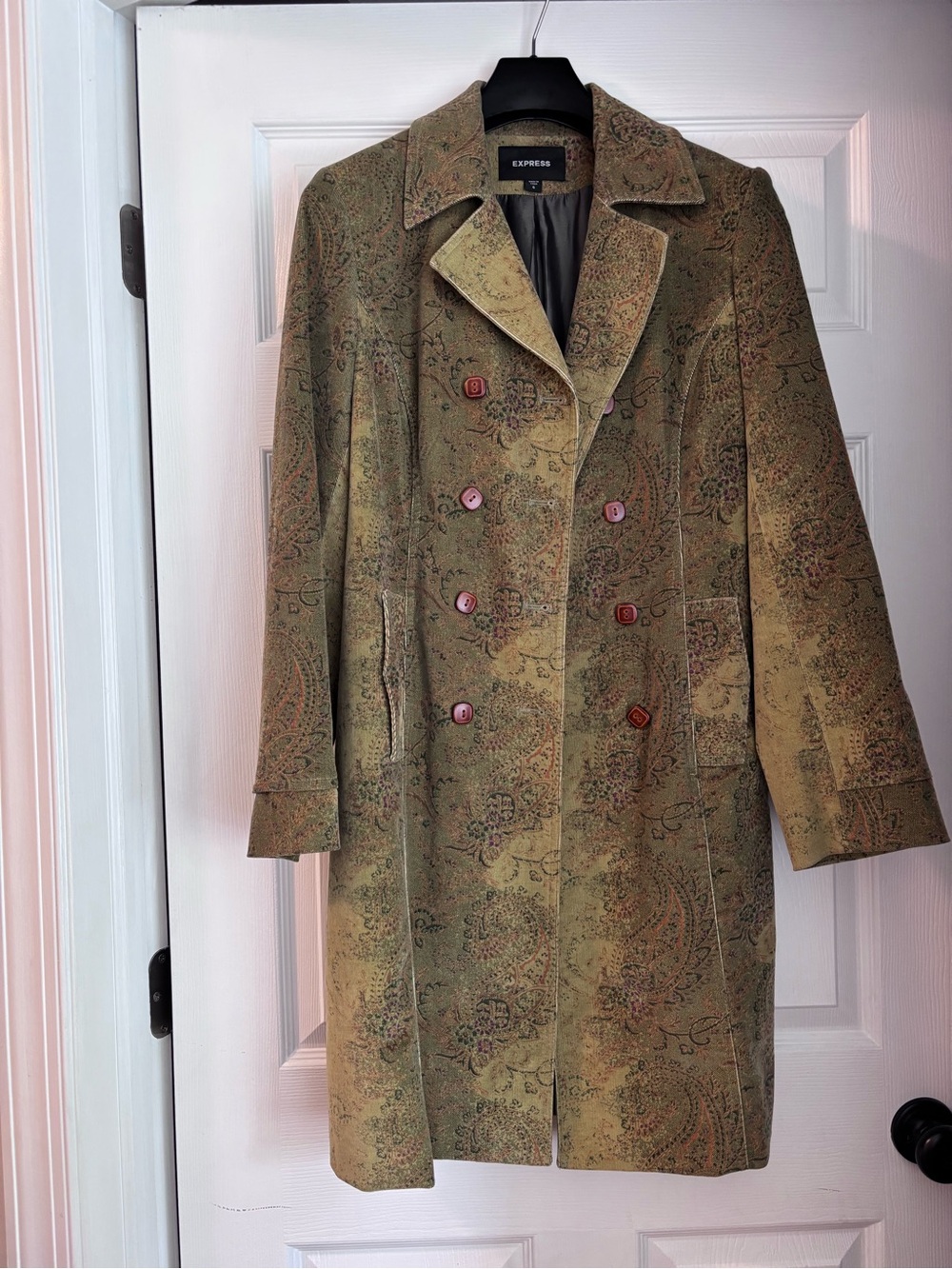 Express Olive Green Paisley Double-Breasted Trench Coat - women’s size 6